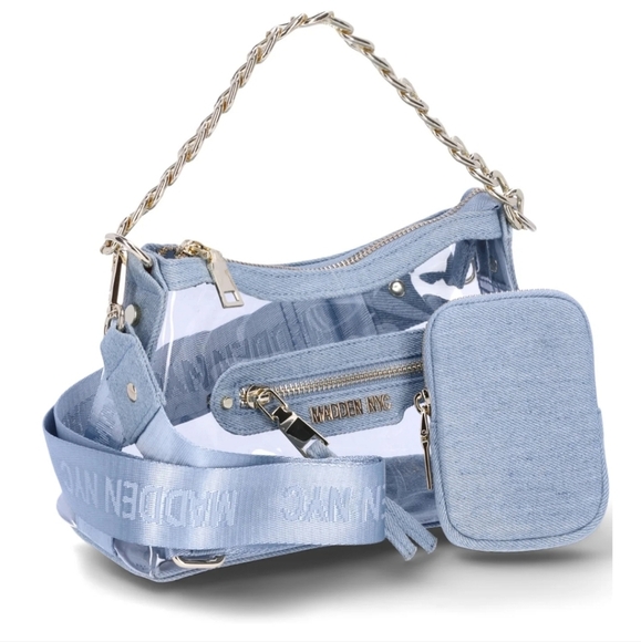 Steve Madden Handbags - Madden NYC Denim Blue Clear Hobo Crossbody w Chain Bag Set 9x6.5x4